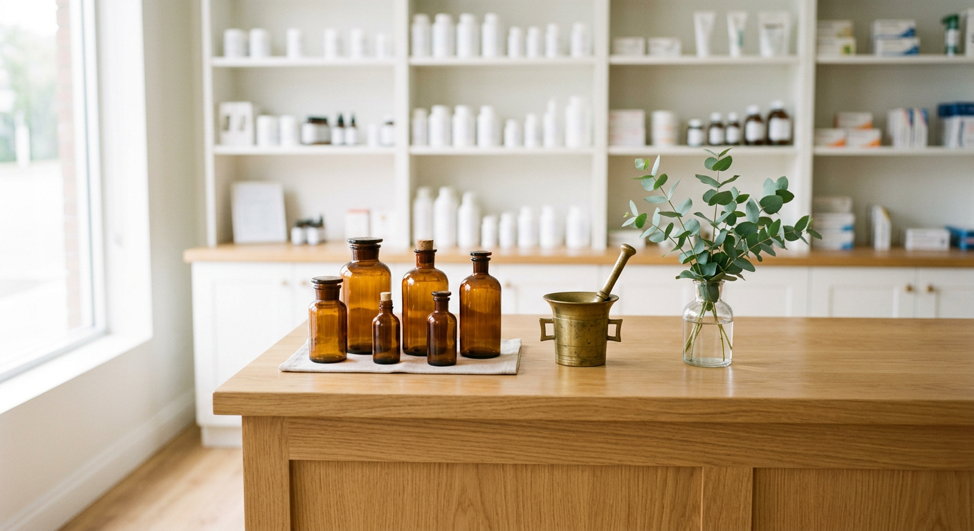 Bright pharmacy dispensary counter with amber glass bottles, a brass mortar and pestle and a sprig of eucalyptus