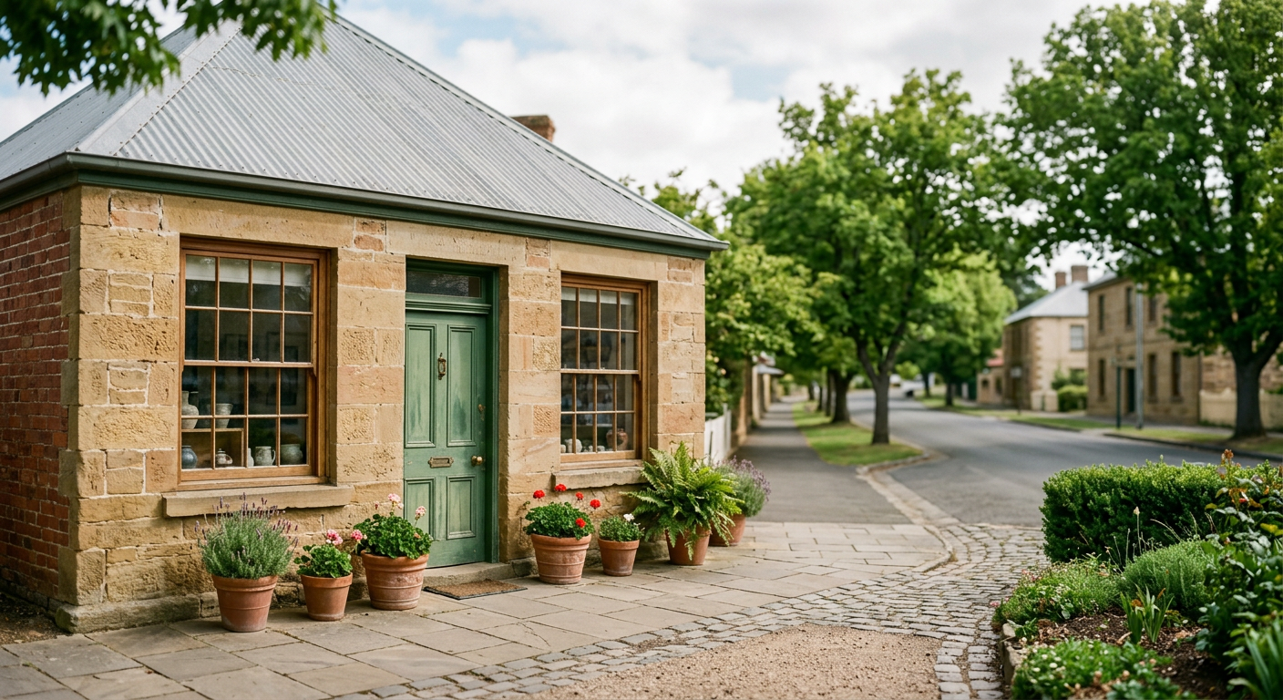 Sandstone heritage shopfront with a green door and potted plants on a tree-lined street in Evandale, Tasmania